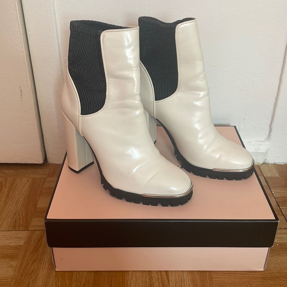BCBG white and black heeled boots, size 8 women